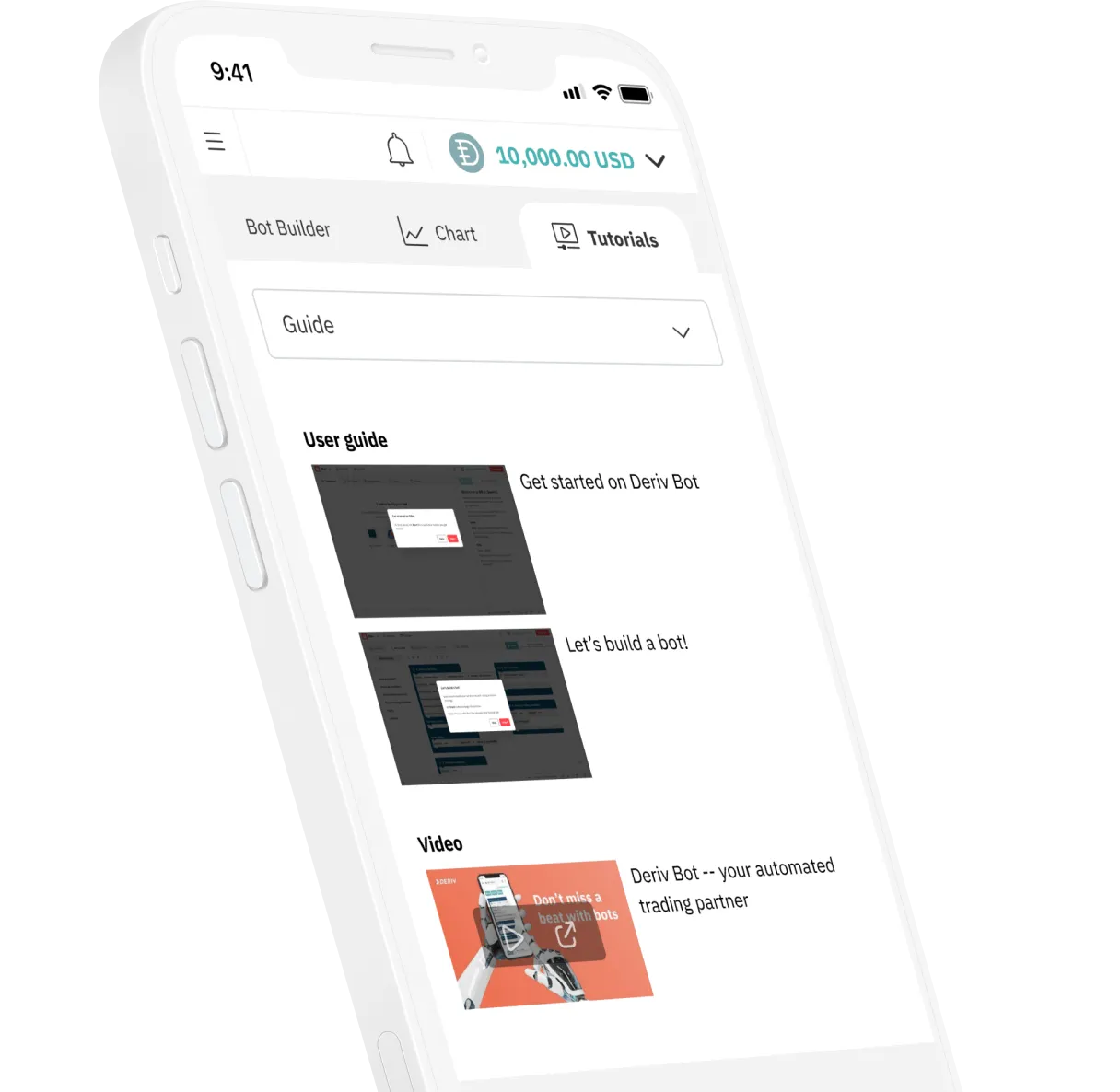 A screen showing the tutorial section on Deriv Bot