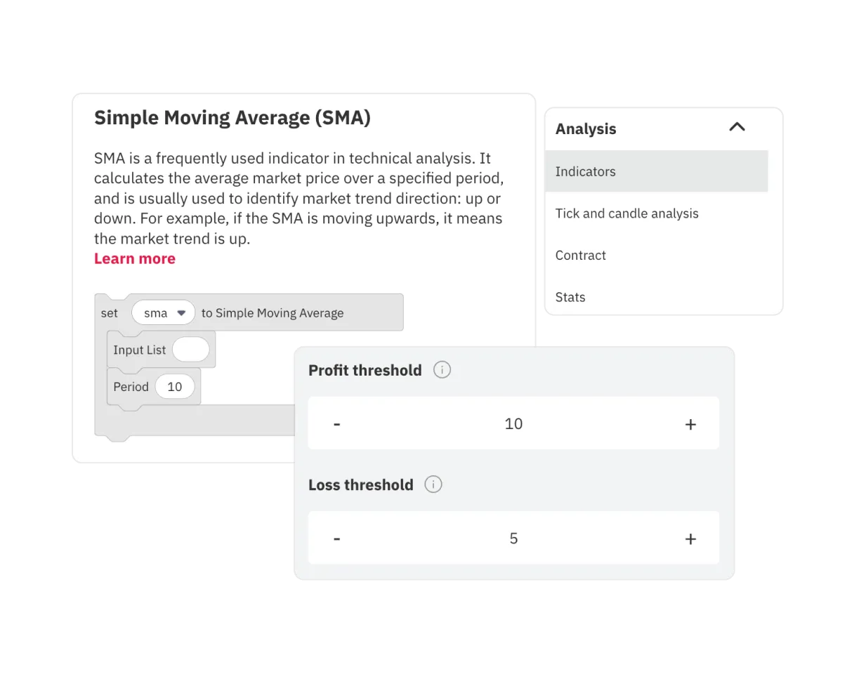 A screenshot of the trading tools on Deriv Bot