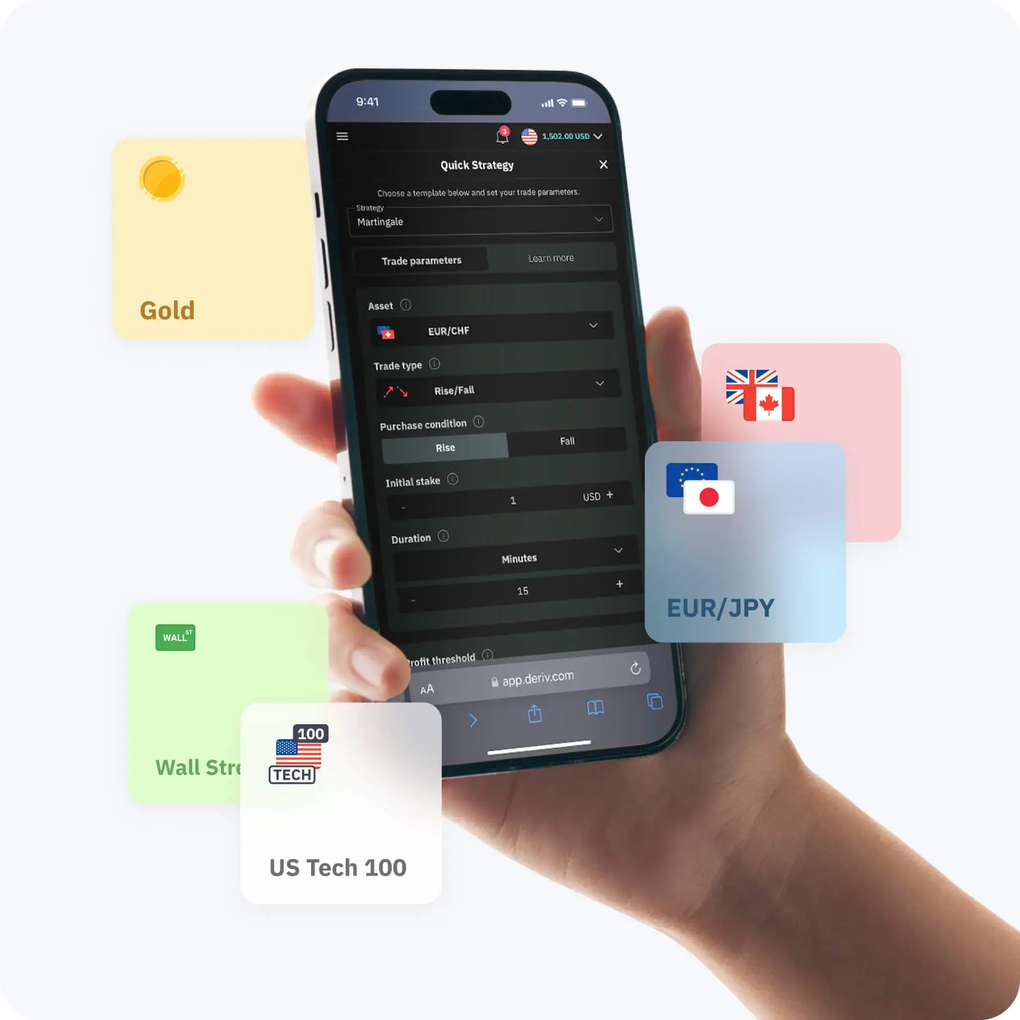 EUR/JPY, US Tech 100, Crash 500, XAU/USD icons displayed around a mobile device for trading