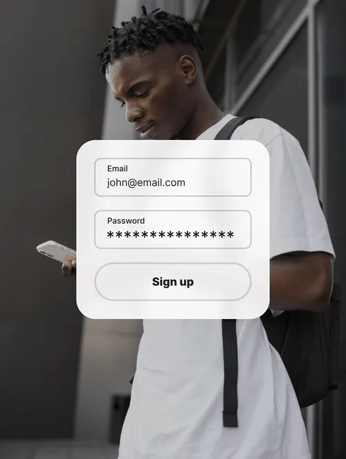 Man signing up for an account on a mobile device, showing a simple email and password input form