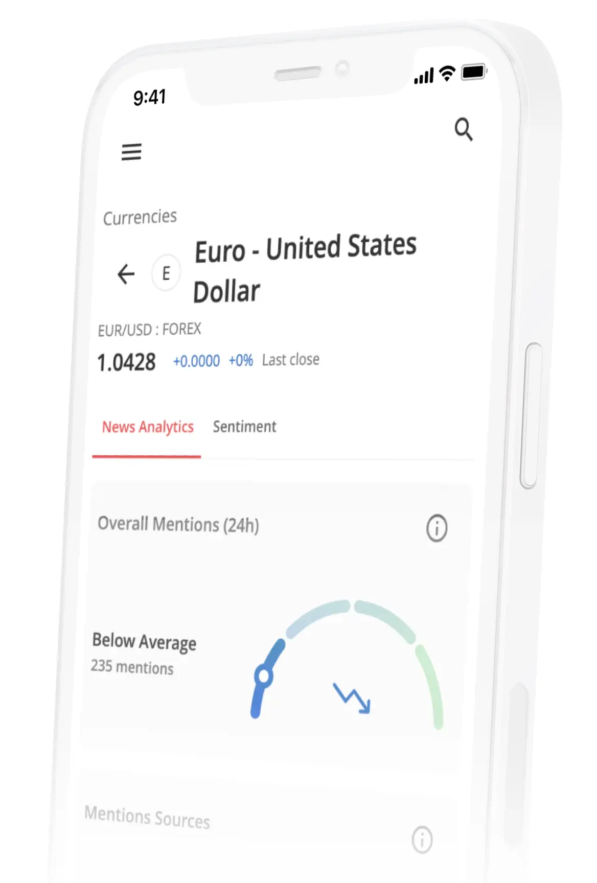 Phone showing EUR/USD rate, past events, and a price chart for quick insights.