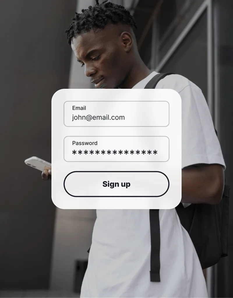 Man signing up for an account on a mobile device, showing a simple email and password input form