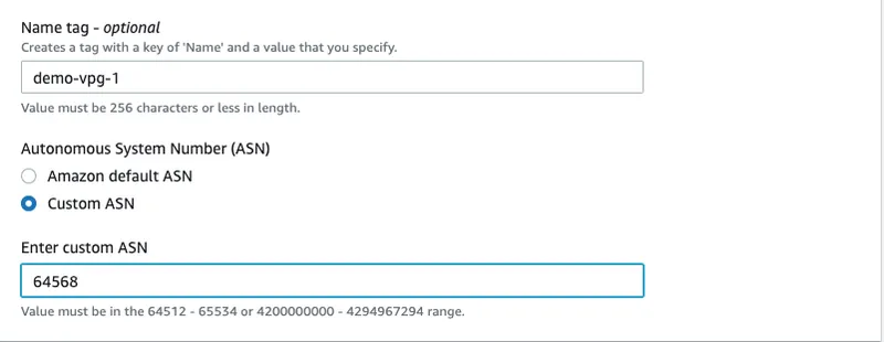 Screenshot showing details to create virtual private gateways