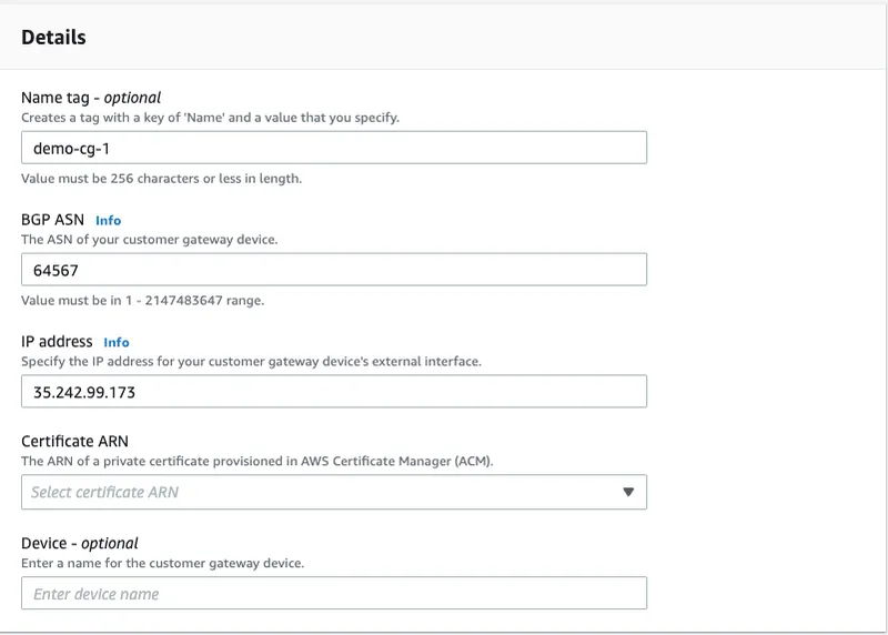 Screenshot showing customer gateway details