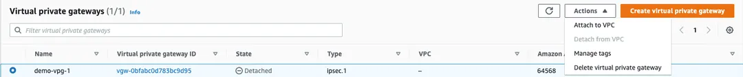 Screenshot showing details to attach virtual private gateway to VPC