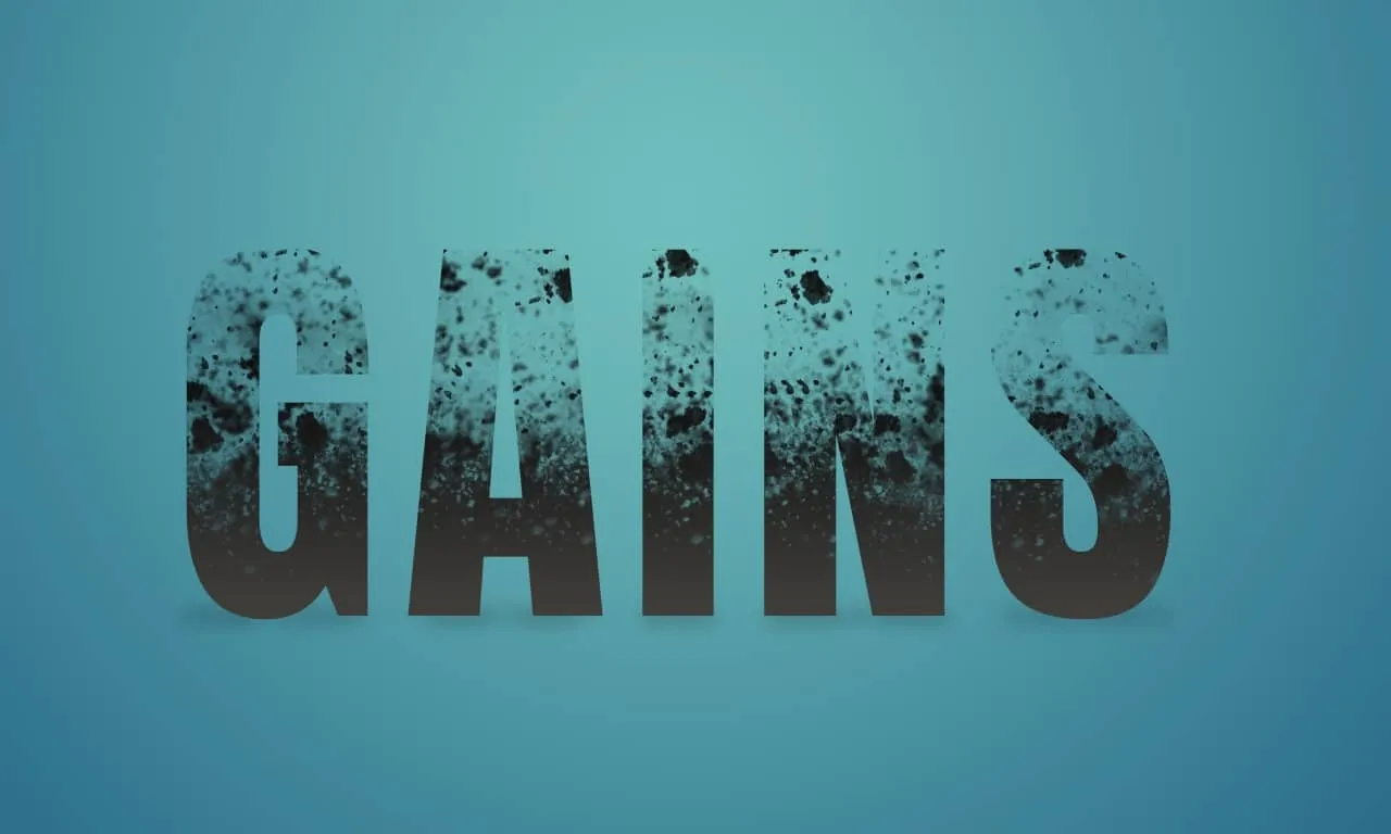 “GAINS” යන වචනය නිර්භීත, ආකෘත ප්රාග්ධන අකුරු වලින්, ග්රේඩියන්ට් නිල් පසුබිමකට එරෙහිව ඉහළට මැකී යනවා.