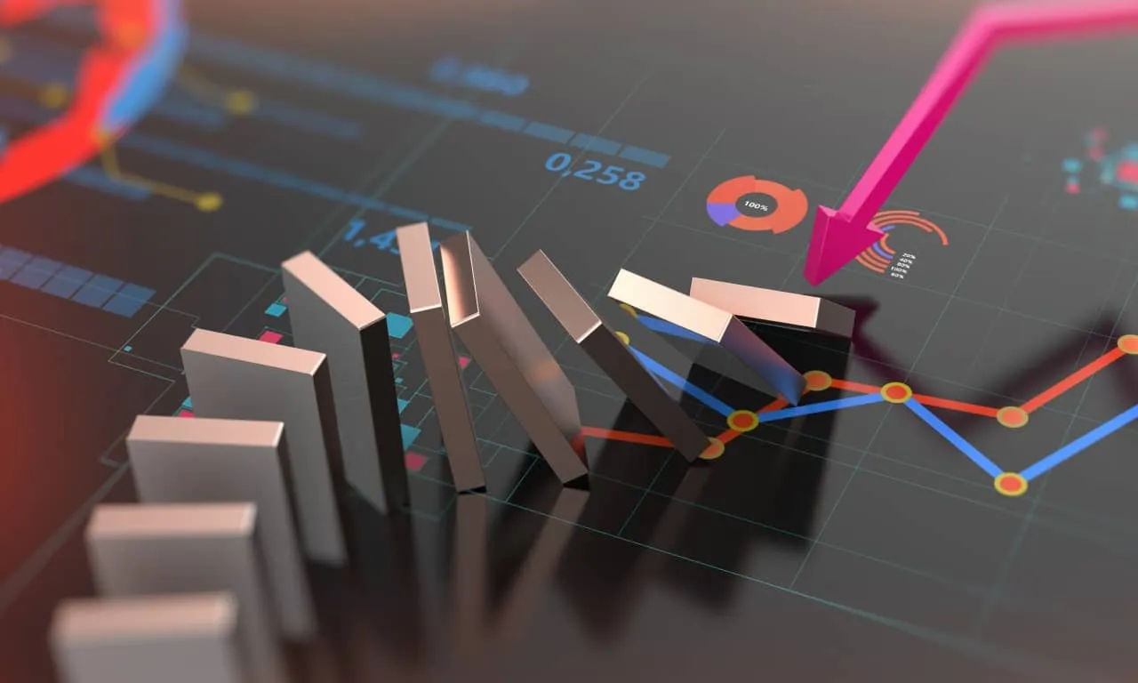 Fallende Dominosteine und Finanzgraphen mit einem nach unten zeigenden Pfeil, die den Markteinfluss und die Trends symbolisieren.