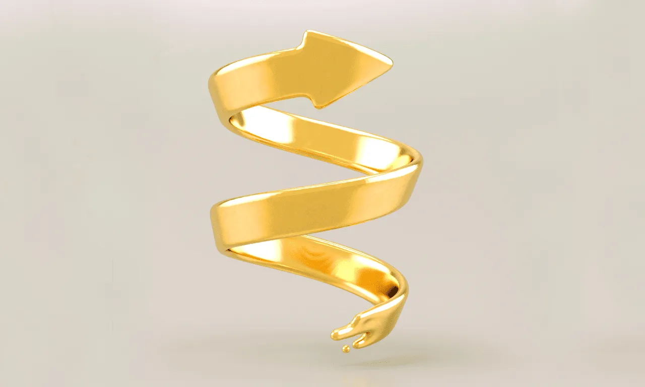 一条闪闪发光的金色螺旋箭头向上指，象征着增长和上升运动，置于中性色背景上。