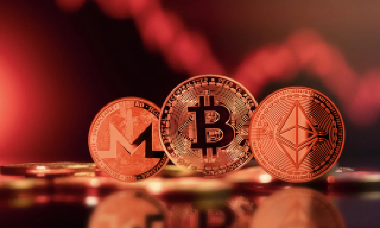 Uchta kriptovalyuta tangasi – Monero, Bitcoin va Ethereum – ko'zoynak ustida qiyshiq joylashgan.