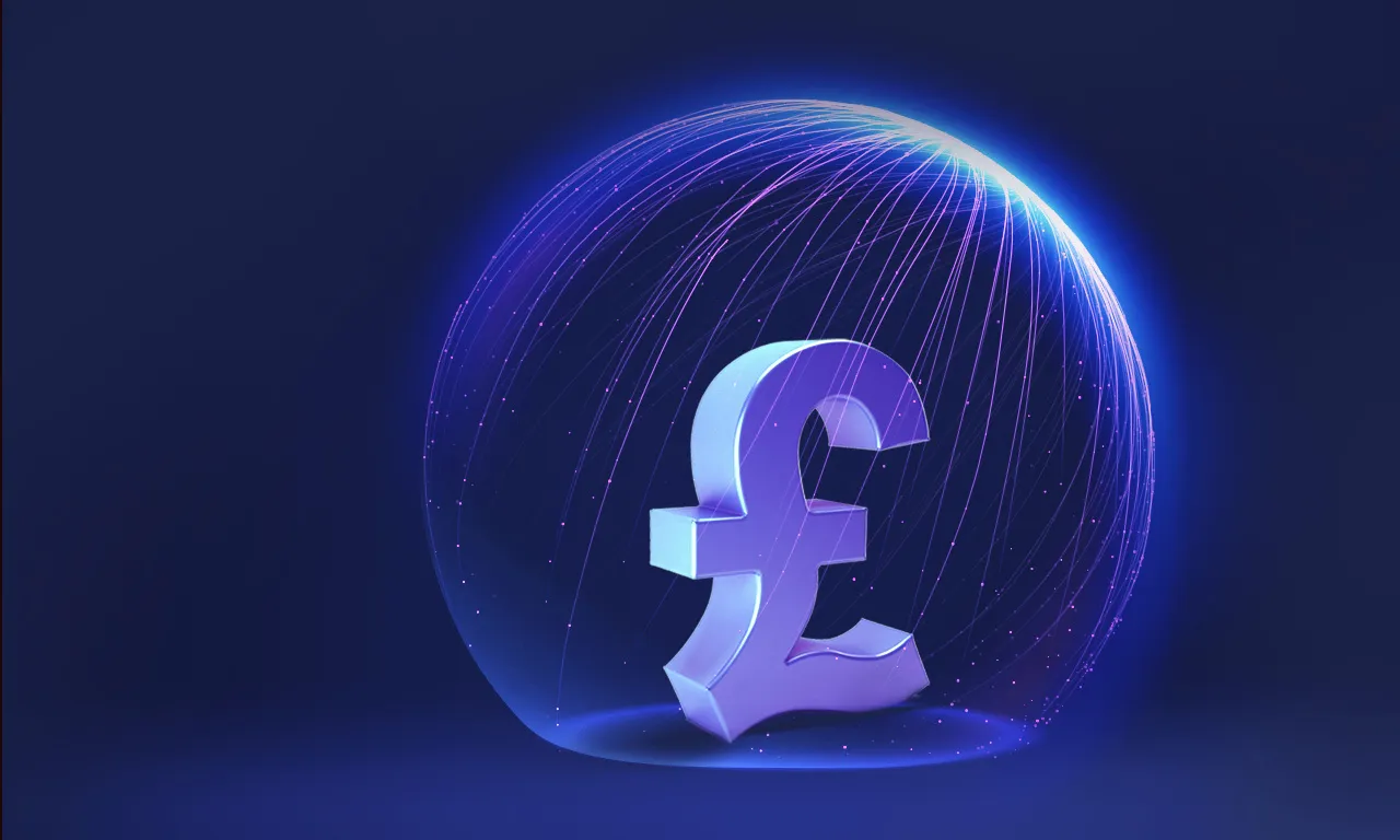Parlak bir pound sembolü, karanlık mavi arka planda ışıltılı neon hatlarla çevrili.