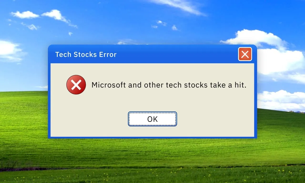 Komunikat błędu w oknie pop-up informujący, że 'Akcje technologiczne dostają cios' na tle klasycznego tła Windows XP.
