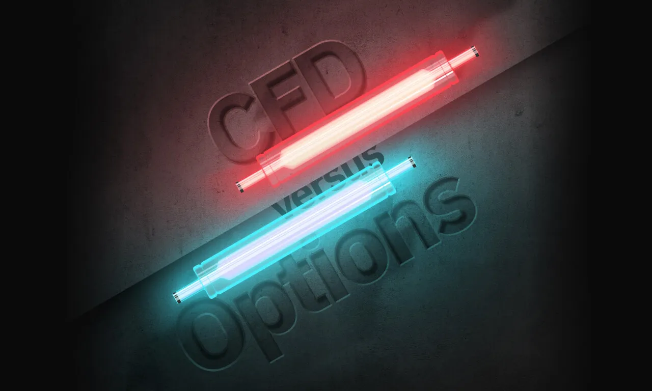 Świecące neonowe światła przedstawiające „CFD” na czerwono i „Opcje” na niebiesko, symbolizujące porównanie typów handlu.