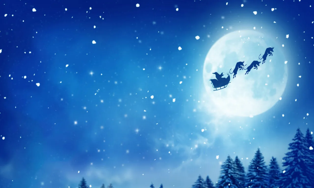 在满月下，圣诞老人的雪橇由强劲的雄鹿拉着，为市场带来节日的欢乐。