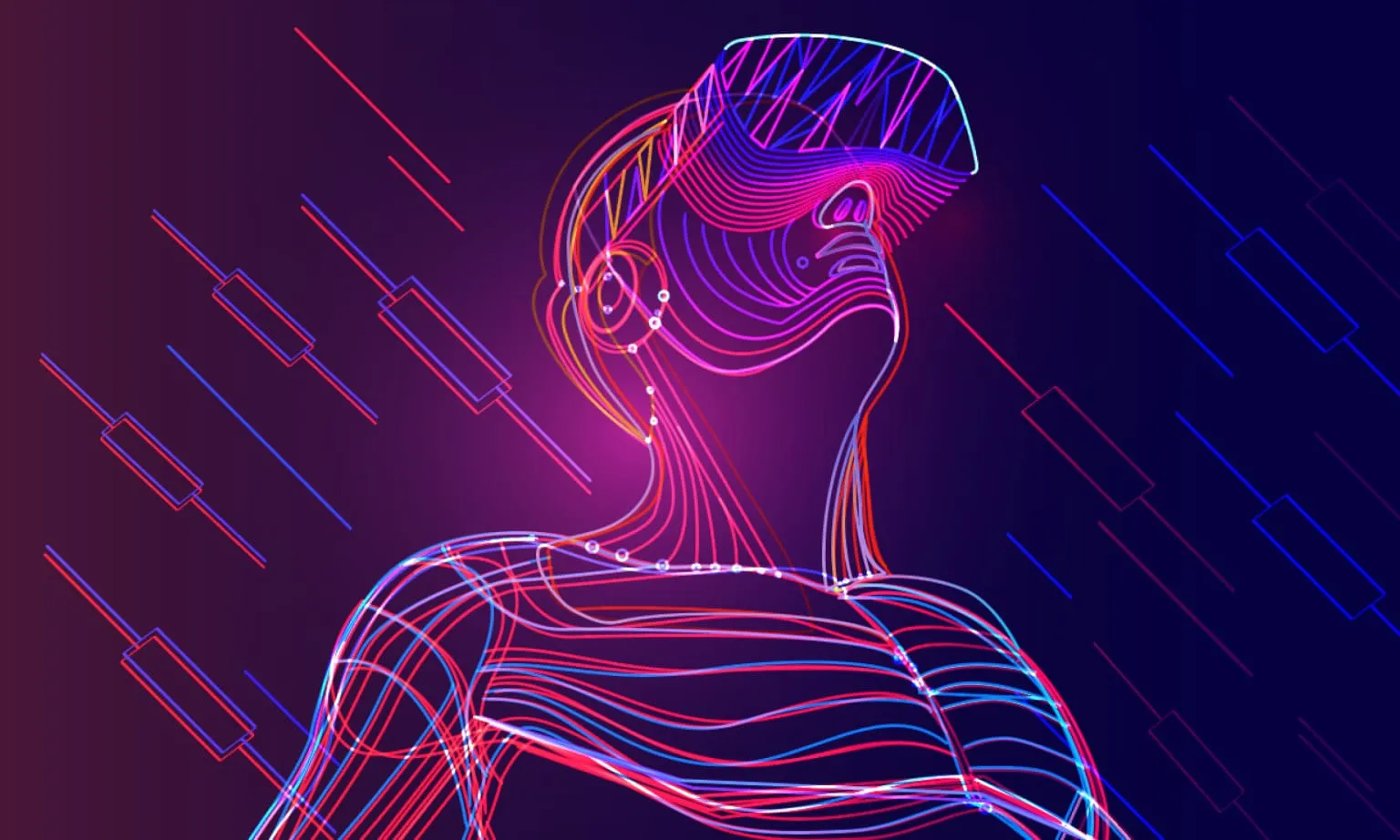 ক্যান্ডেলস্টিকগুলি দ্বারা বেষ্টিত ভিআর গিয়ার সহ একটি উজ্জ্বল চিত্র, যা ট্রেডিংয়ে উদ্ভাবন প্রদর্শন করে।