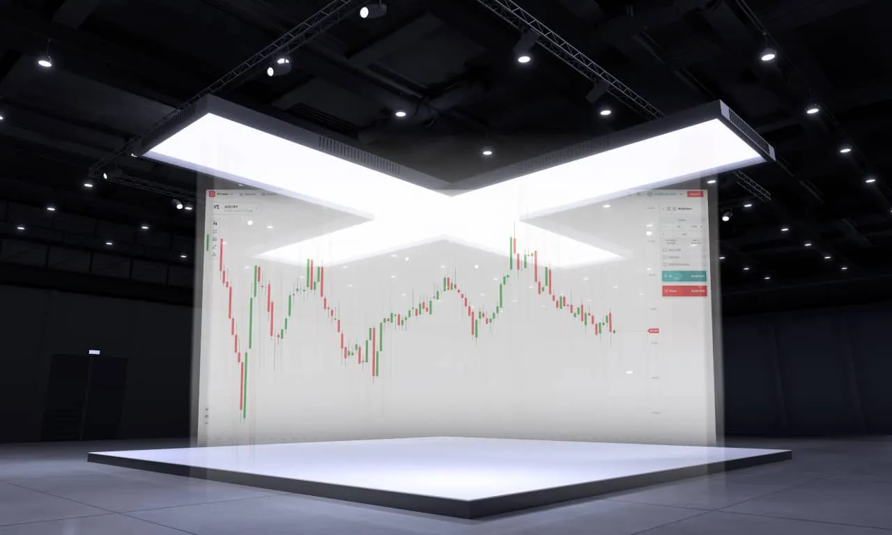 An illuminated 'X' structure symbolizing Deriv Trader, with a projected stock chart displaying candlestick patterns in a modern, dark room setting.