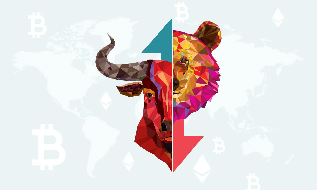 시장 동향을 상징하는 색깔 있는 상승세와 하락세 화살표가 교차되어 있습니다.