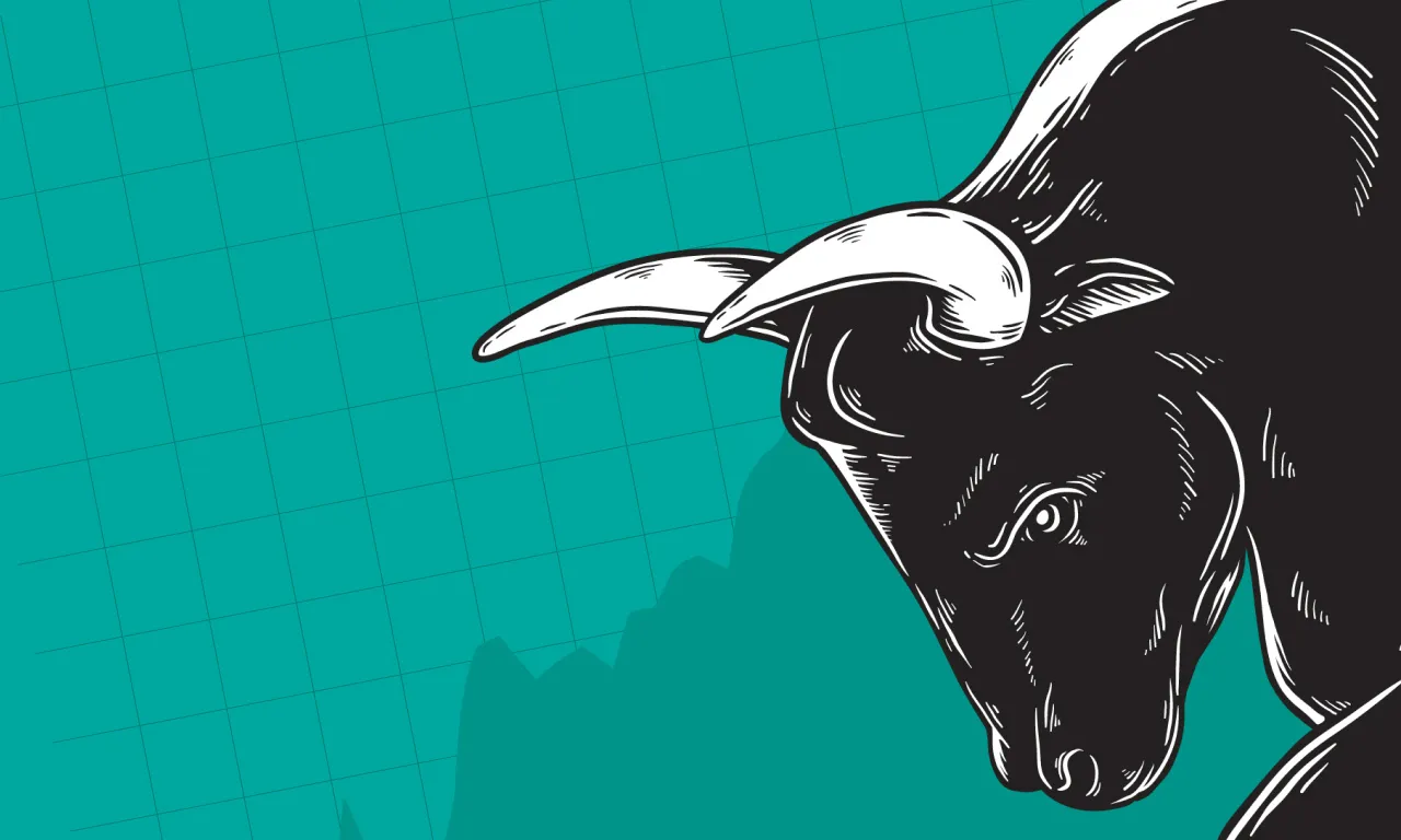 Illustrazione di una testa di toro con corna affilate su uno sfondo turchese con un grafico azionario in crescita.