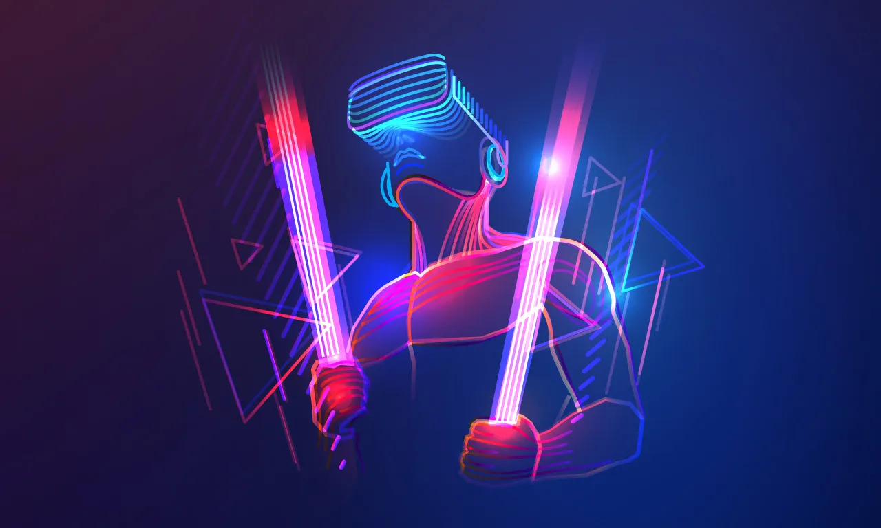 Неоновая фигура в VR-оборудовании и светящихся мечах, олицетворяющая будущее технологий иммерсивной торговли.