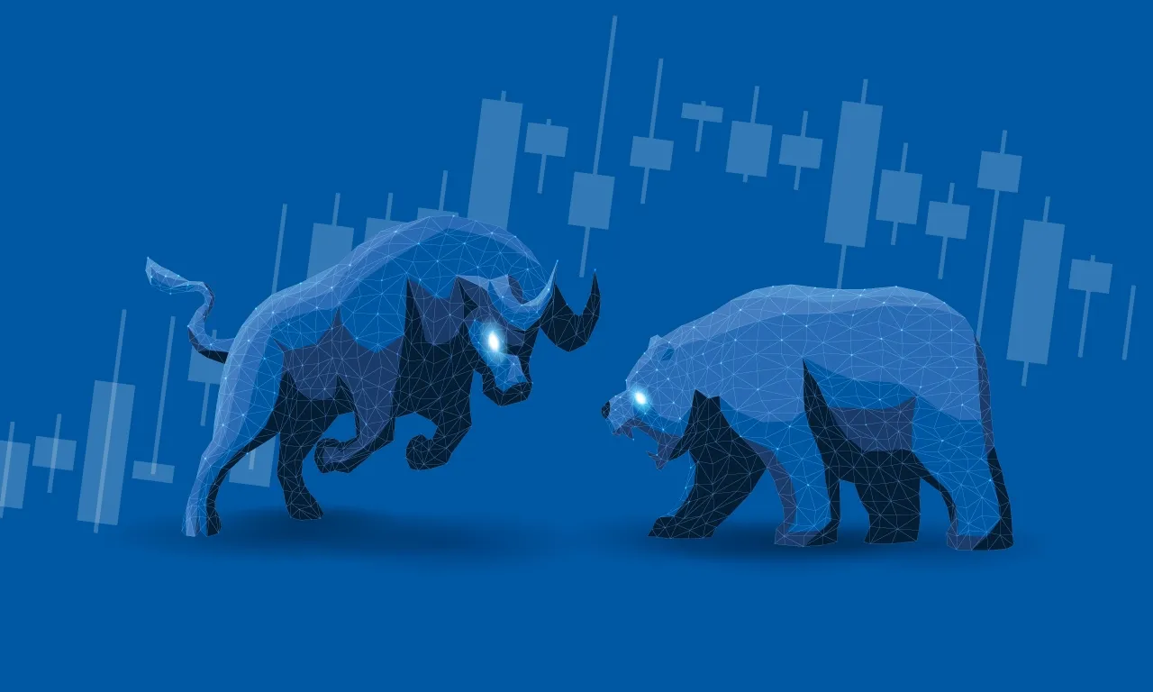 Illustration d'un taureau et d'un ours se faisant face, symbolisant les tendances du marché. Les deux sont en bleu avec des yeux lumineux, sur fond de graphiques en chandeliers.