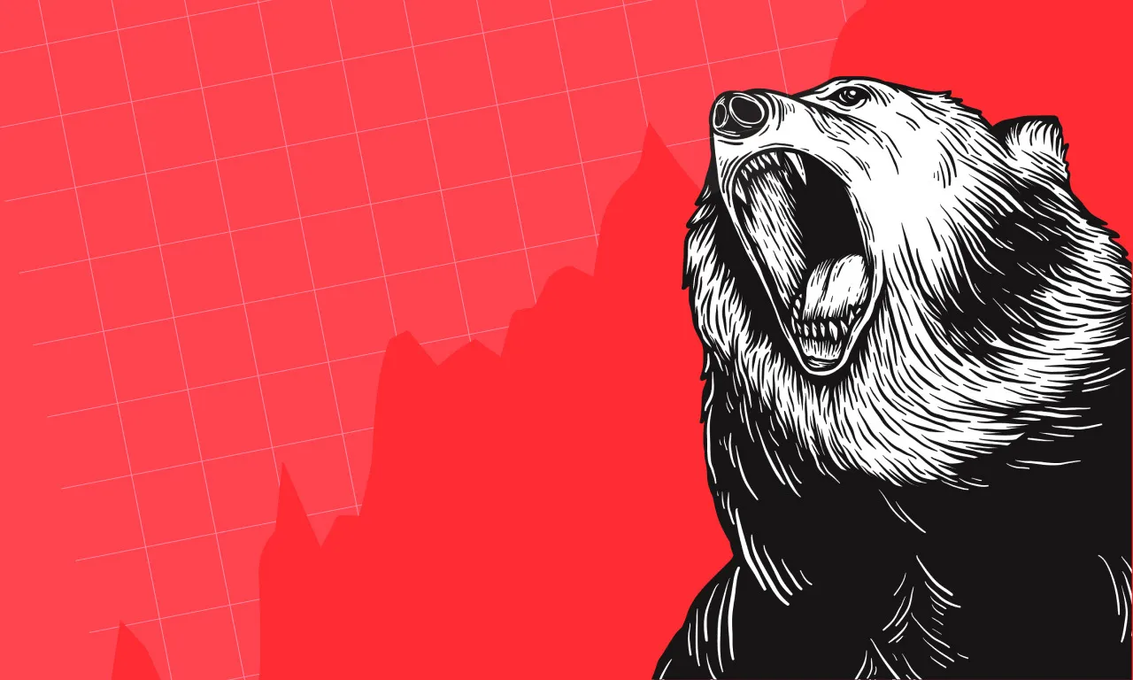 Illustration of a roaring bear on a red background, symbolizing a market downturn.