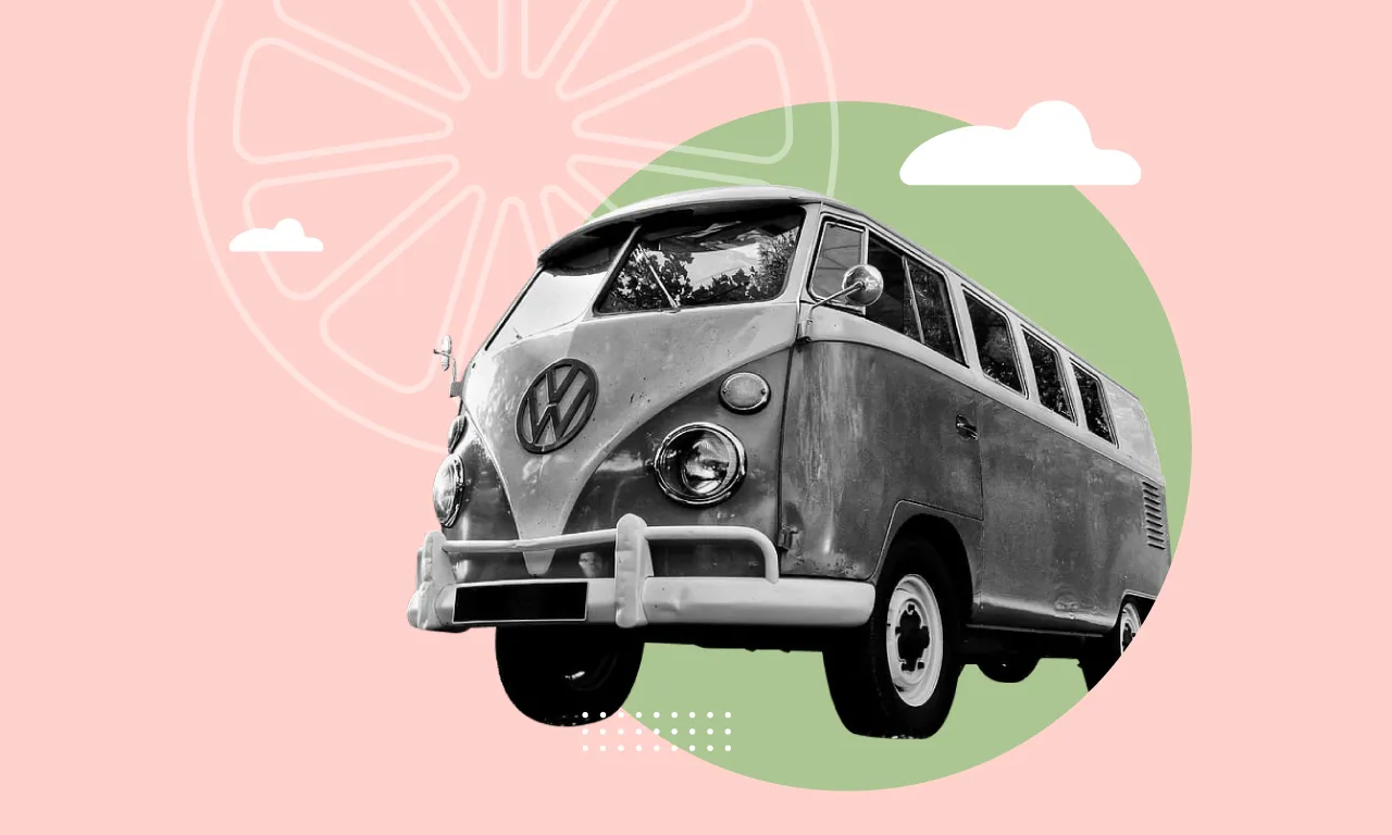 Furgone classico vintage con un'atmosfera retro su uno sfondo pastello.