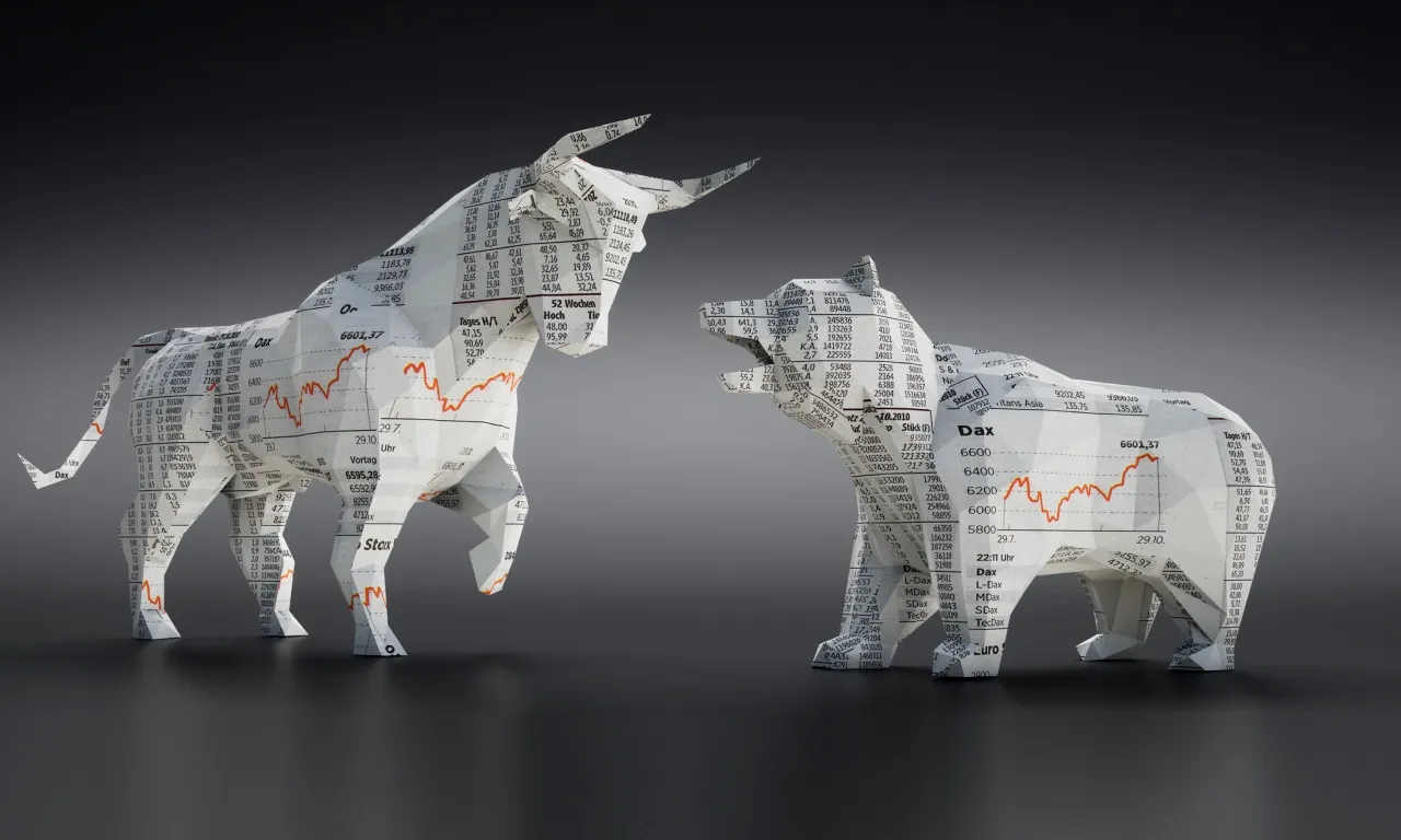 Un toro e un orso fatti di pagine di giornali finanziari con grafici azionari, simbolizzando le tendenze di mercato. Entrambe le figure si trovano su uno sfondo a gradiente scuro.