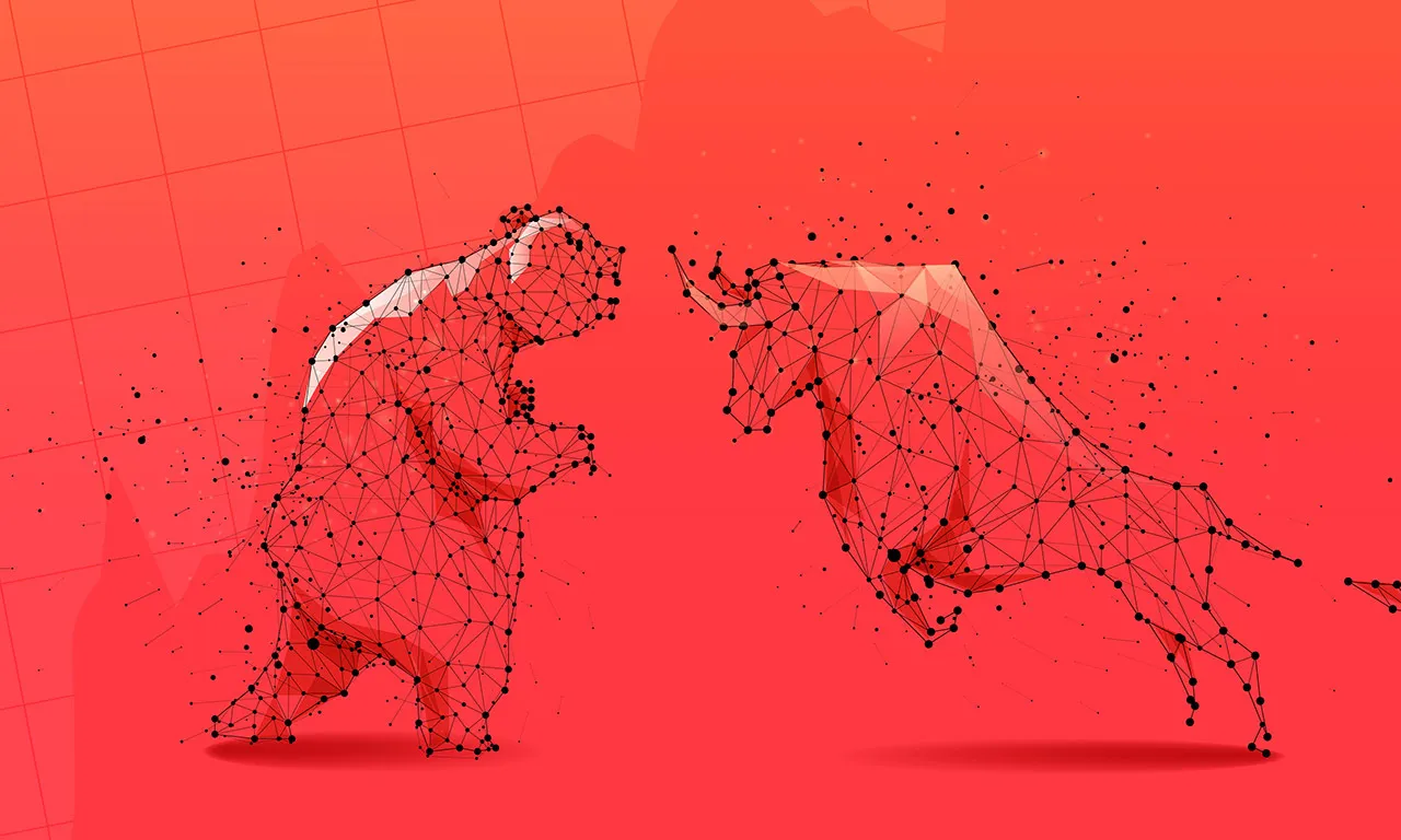 Bozor trendlarini ifodalovchi nuqtalar va chiziqlardan hosil bo'lgan tashqi ayov va bullish tasviri. Qizil fonda aksiyalarning grafik panjarasi bilan sozlangan.