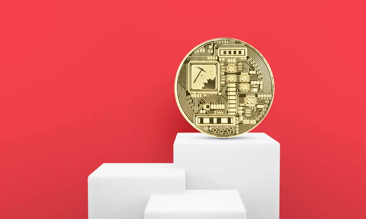 عملة مشفرة ذهبية على منصة بيضاء مع خلفية حمراء، ترمز إلى هيمنة الأصول الرقمية.
