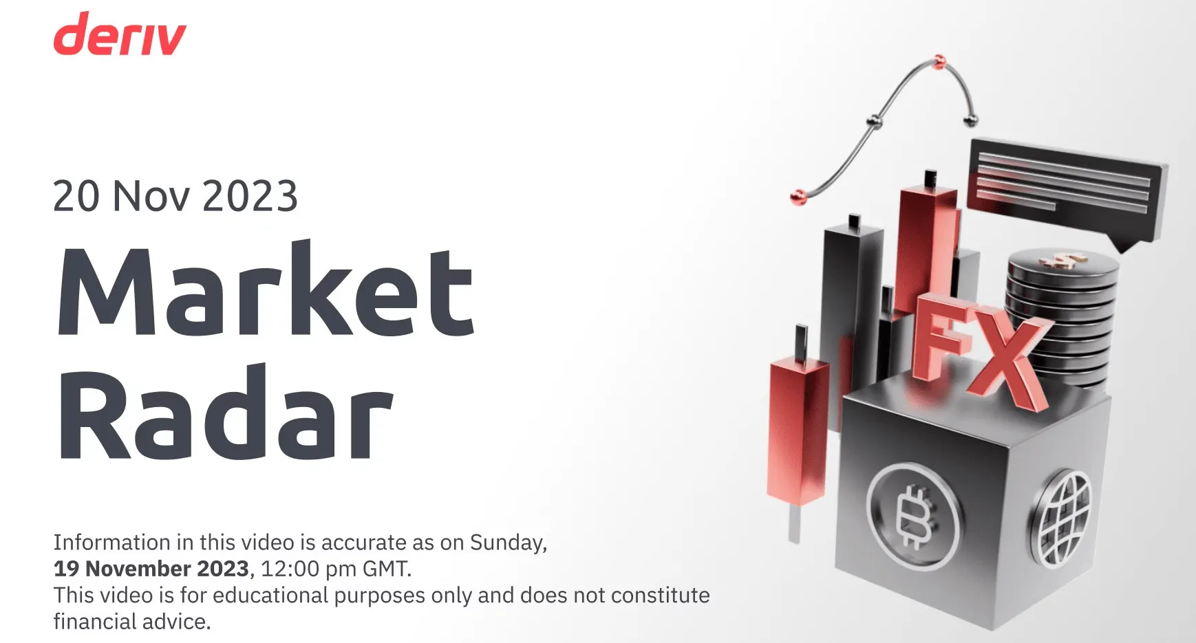 Deriv Market রাডার ফলো-আপ ভিডিওর থাম্বনেইল, 'Market Radar' টেক্সট এবং ক্যান্ডেলস্টিক চার্টের 3D গ্রাফিক্স, FX প্রতীক, বিটকয়েন এবং গ্লোব আইকন সহ।