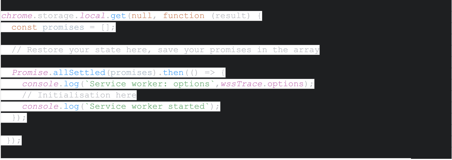 Code snippet demonstrating how a Chrome extension service worker uses local storage
