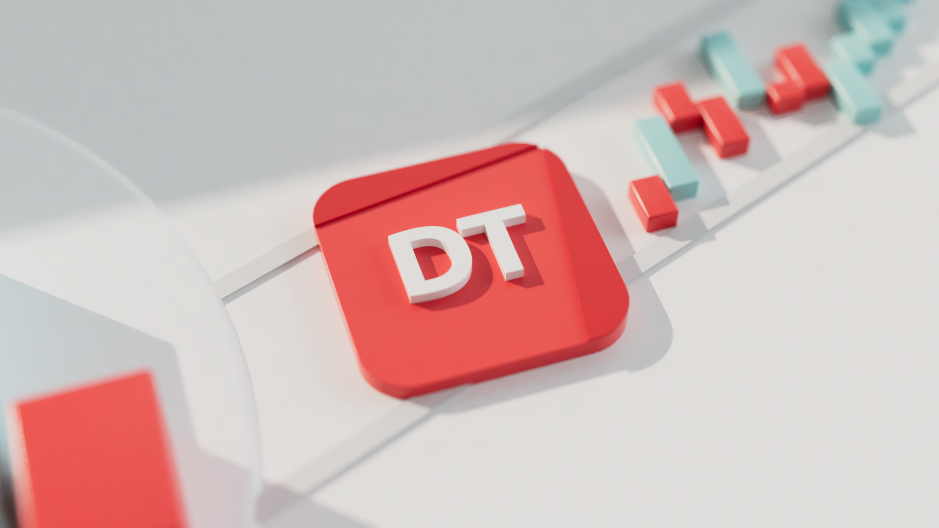 A red cube icon with "DT" displayed, set against a background of rising and falling colorful bar graphics.