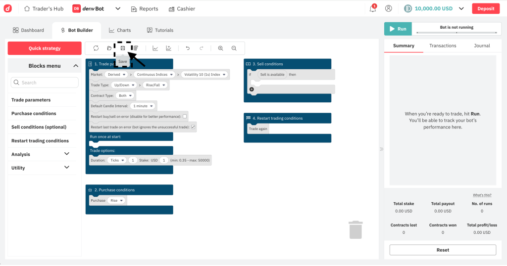واجهة Deriv Bot تبرز ميزة حفظ استراتيجيات بوت التداول Binary الحالية.