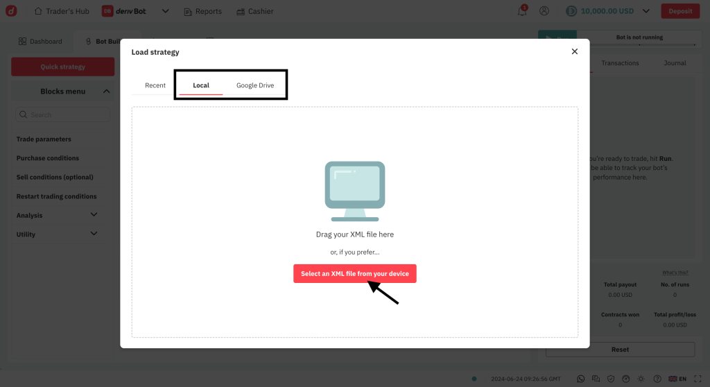 واجهة Deriv Bot تعرض إحدى خطوات هجرة البوت.
