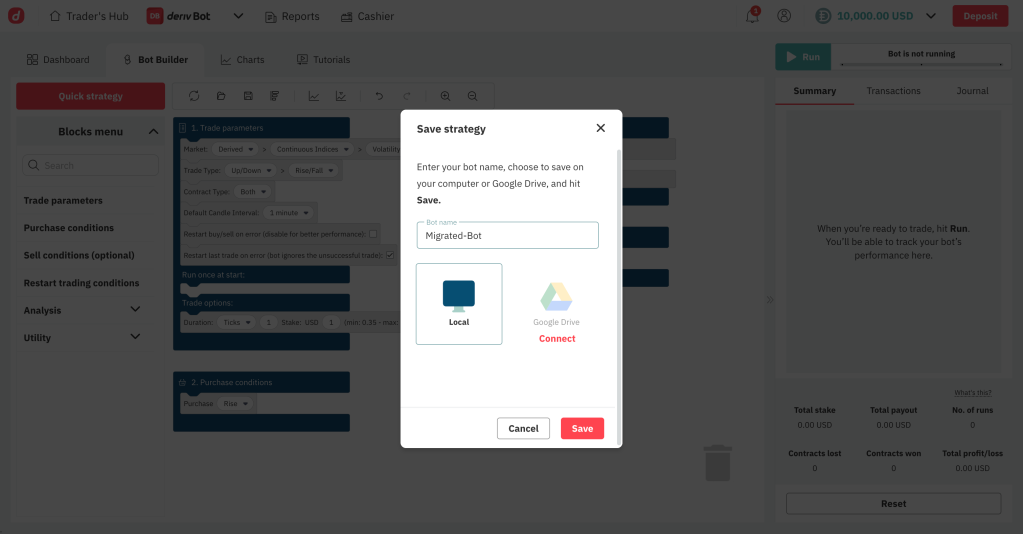 واجهة Deriv Bot توضح خطوات حفظ استراتيجيات بوت التداول