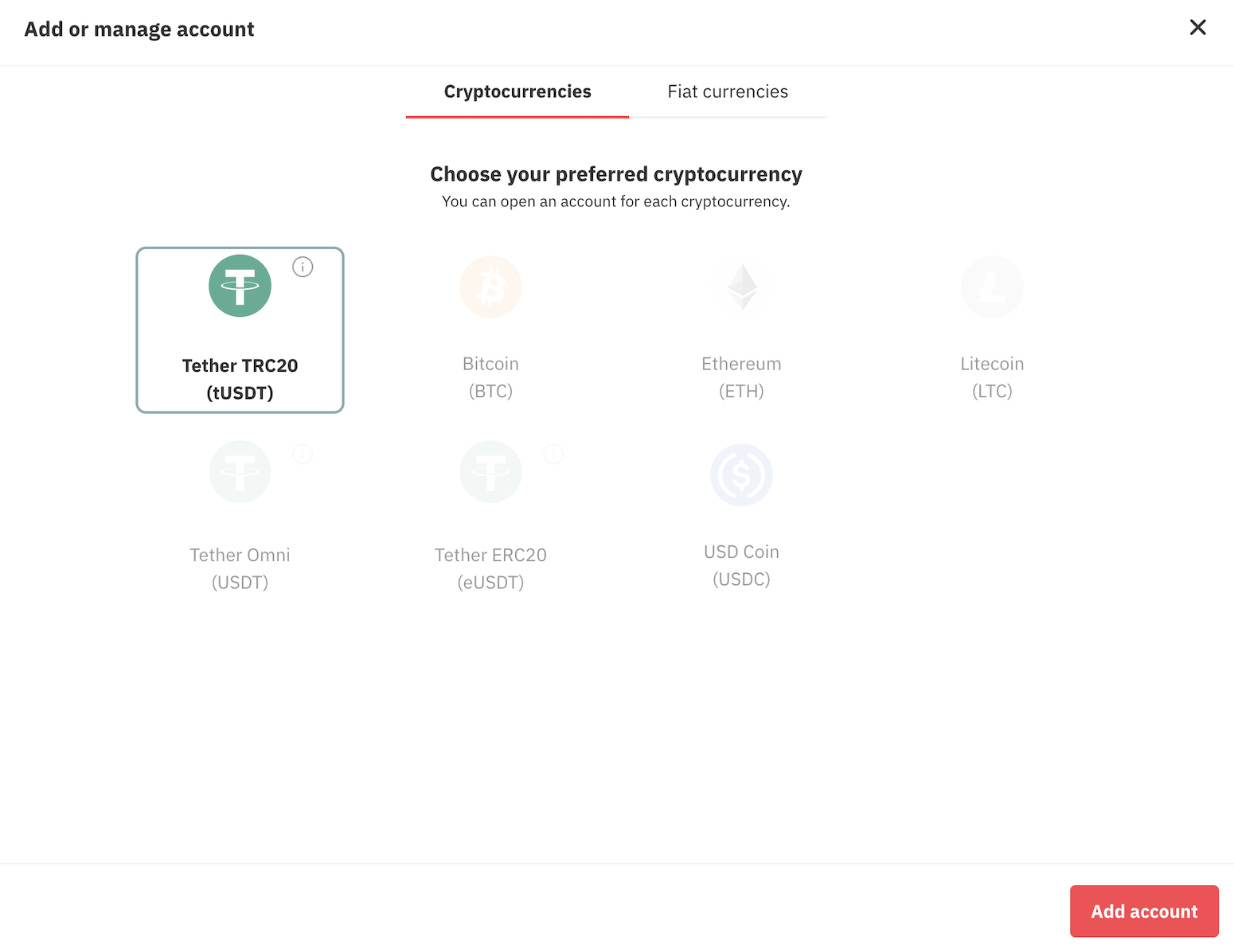 Deriv Cashier'da Tether TRC20 (tUSDT)