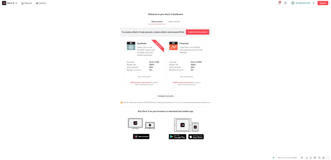 Các loại tài khoản Deriv X để chọn.