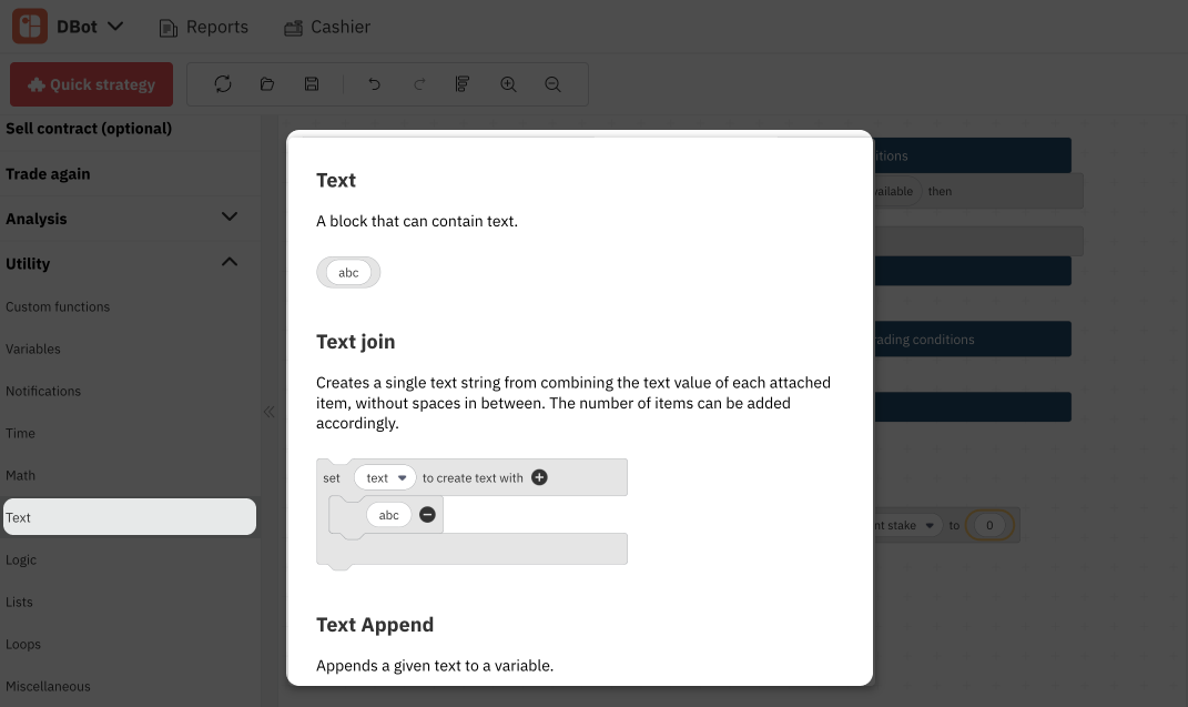 3.6. العمليات النصية على Deriv Bot – روبوت التداول على Deriv