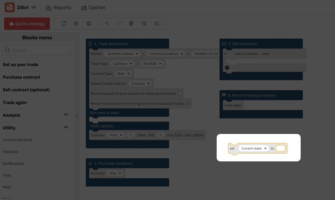 3.3. متغير جديد على مساحة عمل Deriv Bot – روبوت التداول على Deriv