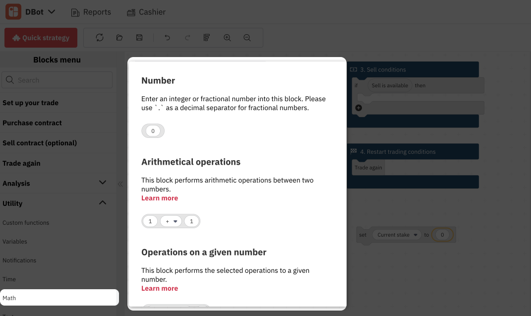 3.5. العمليات الرياضية على Deriv Bot – روبوت التداول على Deriv