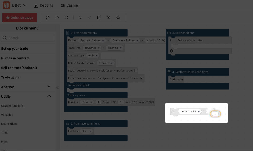 3.4. تعيين قيمة للمتغير الجديد على Deriv Bot – روبوت التداول على Deriv