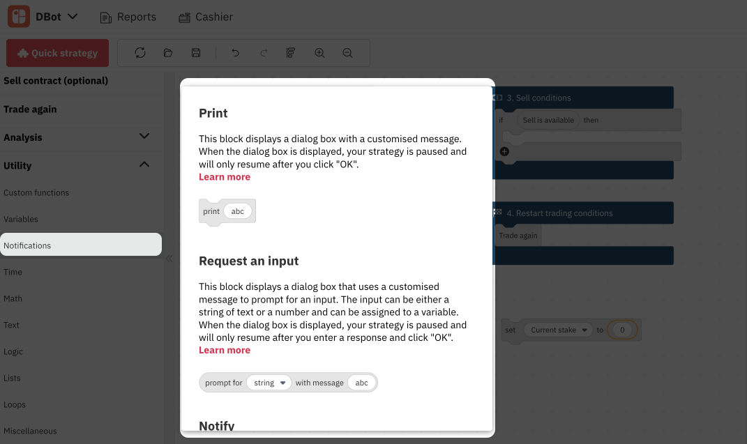 3.7. علامة الإشعارات على Deriv Bot – روبوت التداول على Deriv
