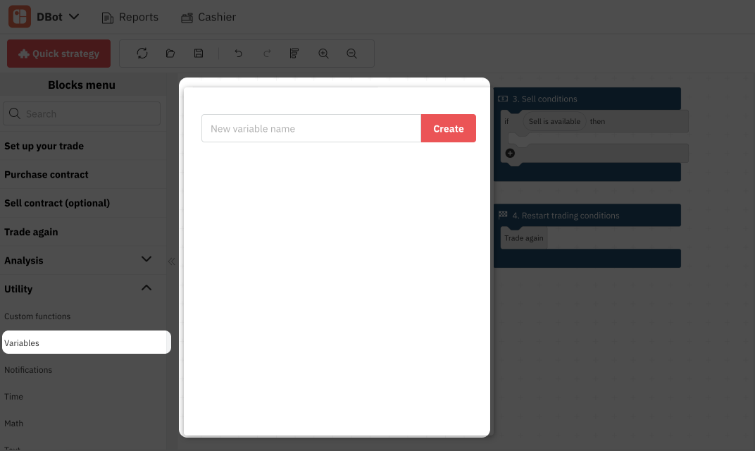 3.1. إنشاء متغير جديد على Deriv Bot – روبوت التداول على Deriv