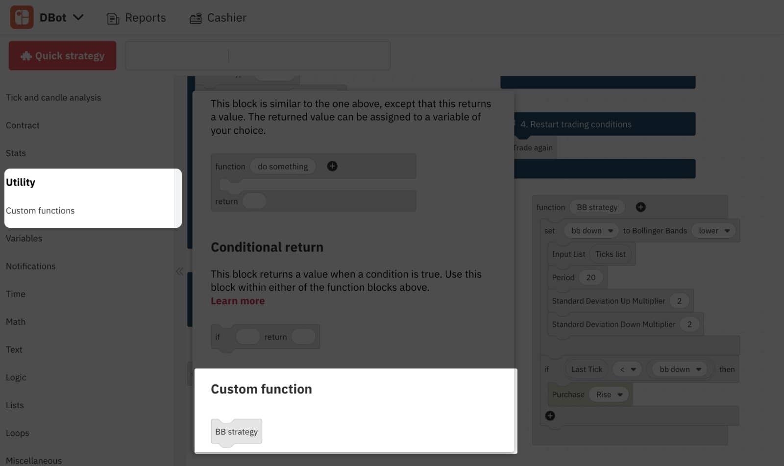6.5. Funktionsblock auf D Bot – Deriv's Trading Bot