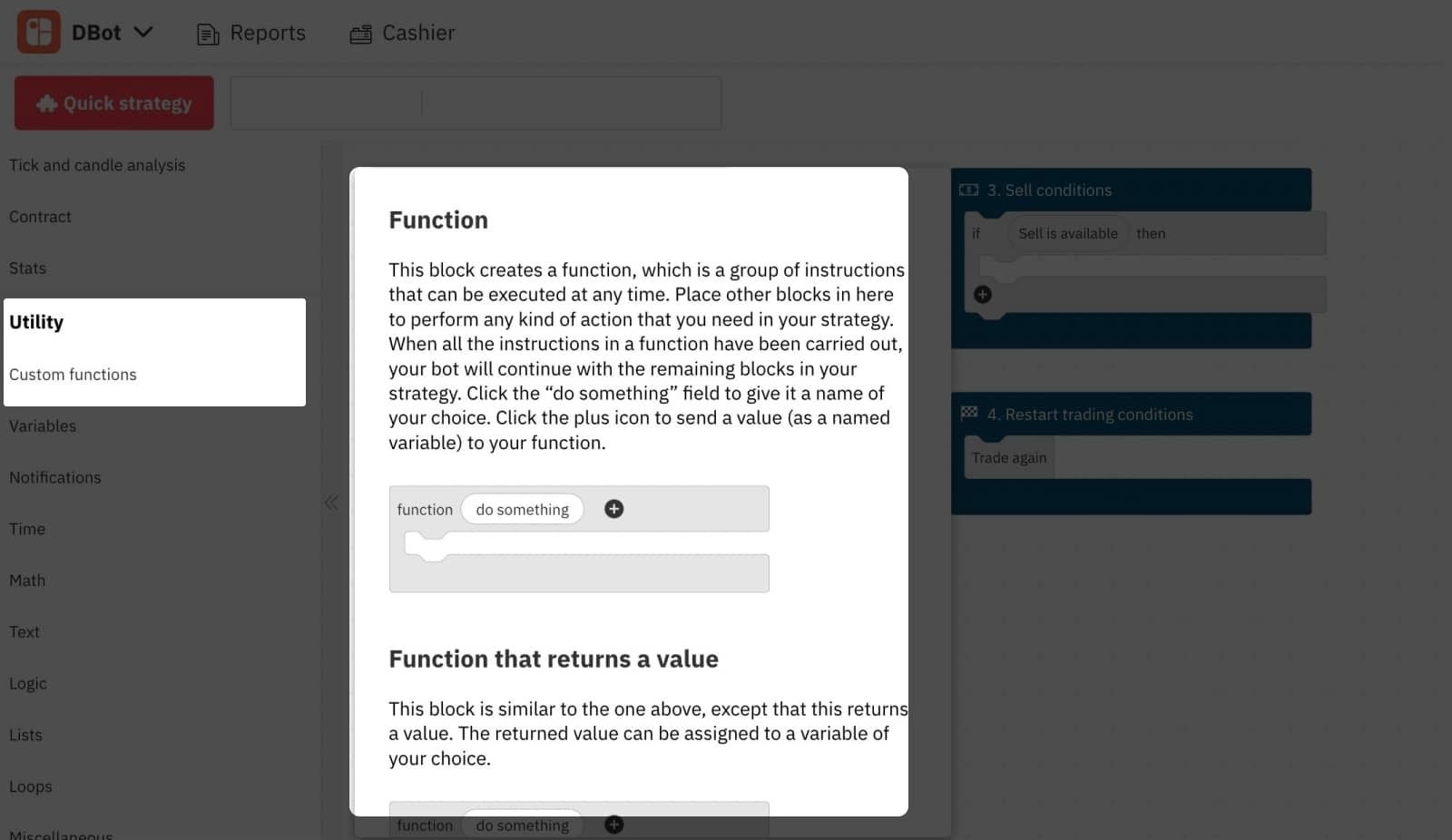 6.3. Funktionsblock auf D Bot – Deriv's Trading Bot