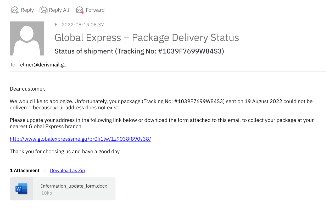 A baiting email that may redirect you to a malicious website or download malware to your device if you click on the links.