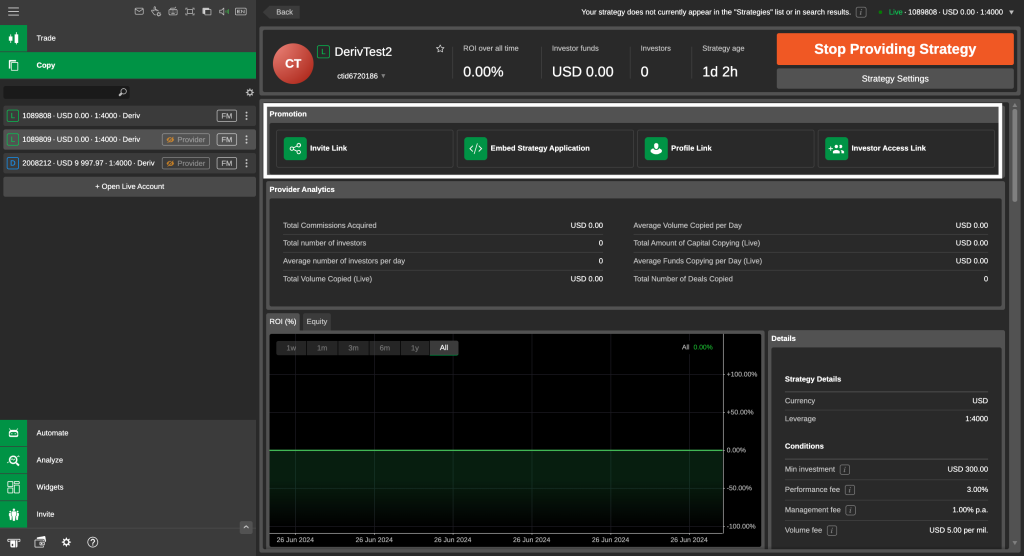 Deriv cTrader interface showing promotional tools for strategy providers.
