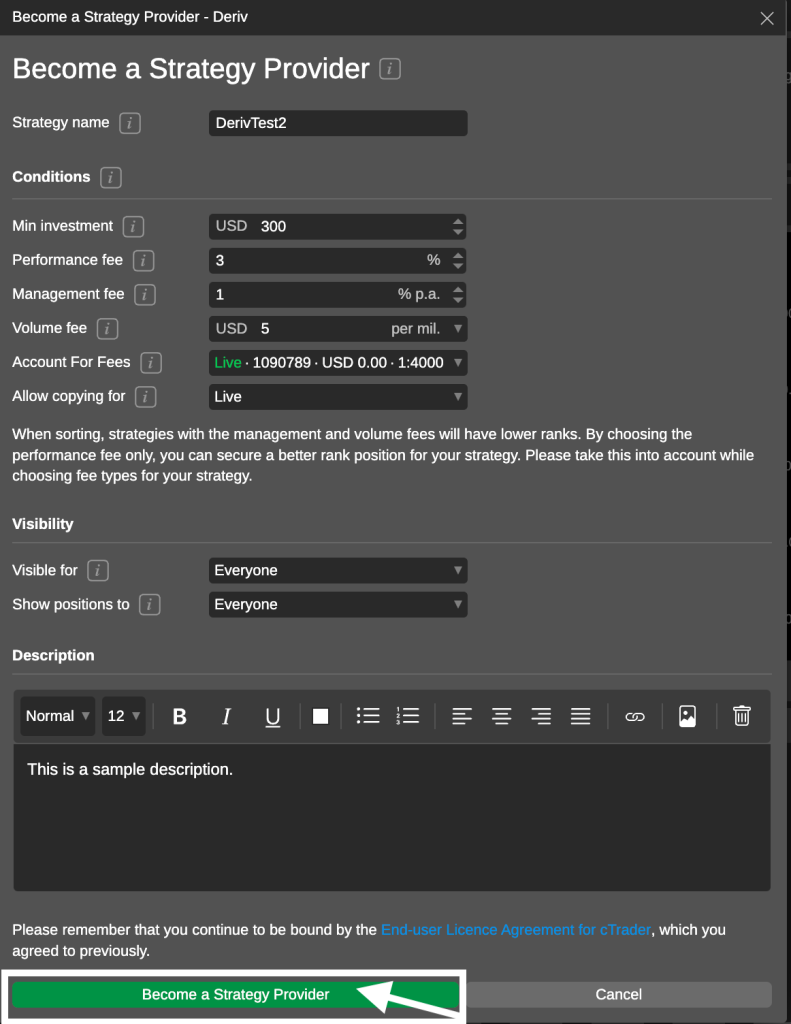 Deriv cTrader interface showing strategy details required for provider registration.