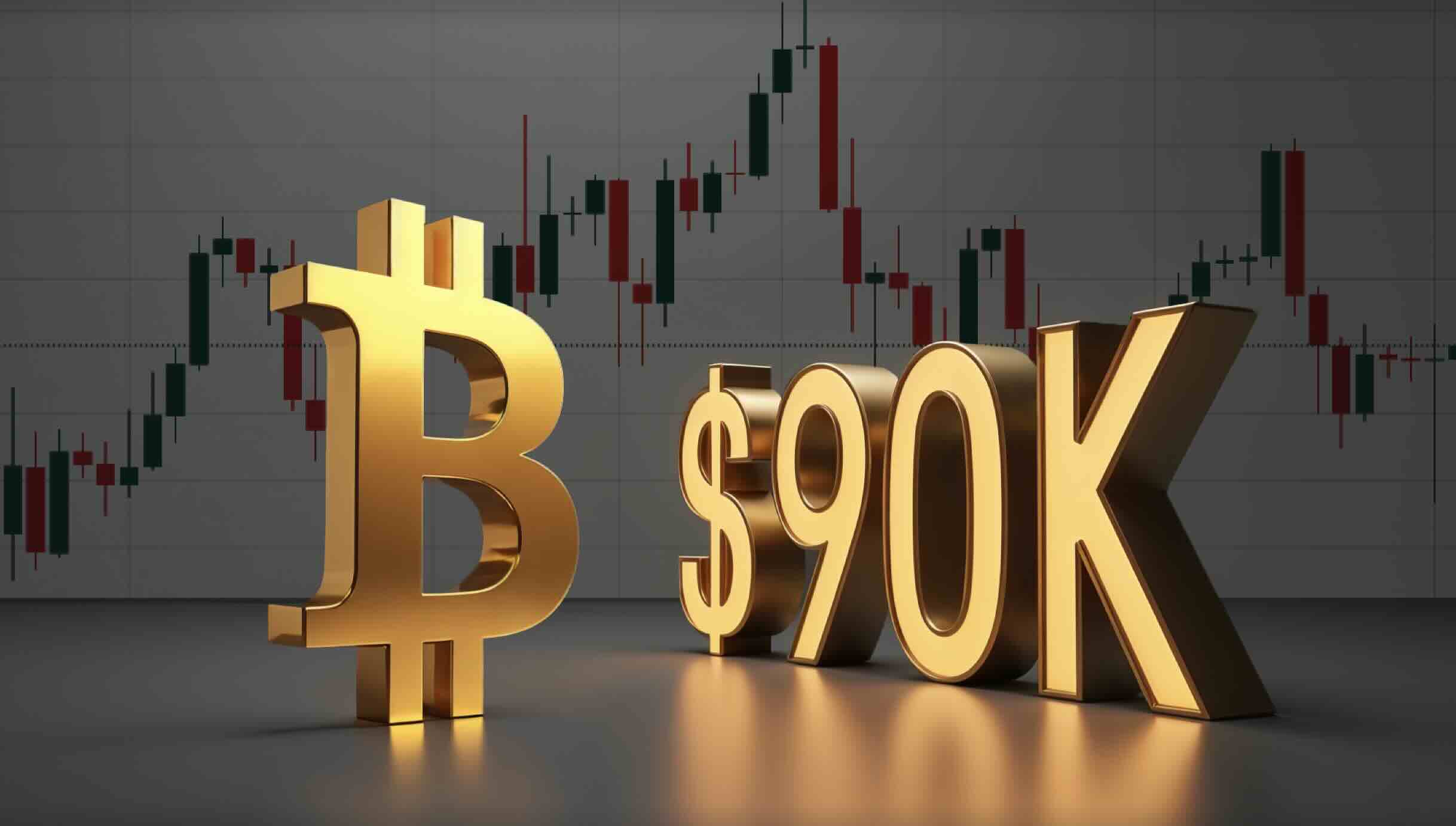 Símbolo dourado da Bitcoin com $90K ao lado, contra um fundo de gráfico financeiro, ilustrando os movimentos de preço da Bitcoin e as tendências do mercado.