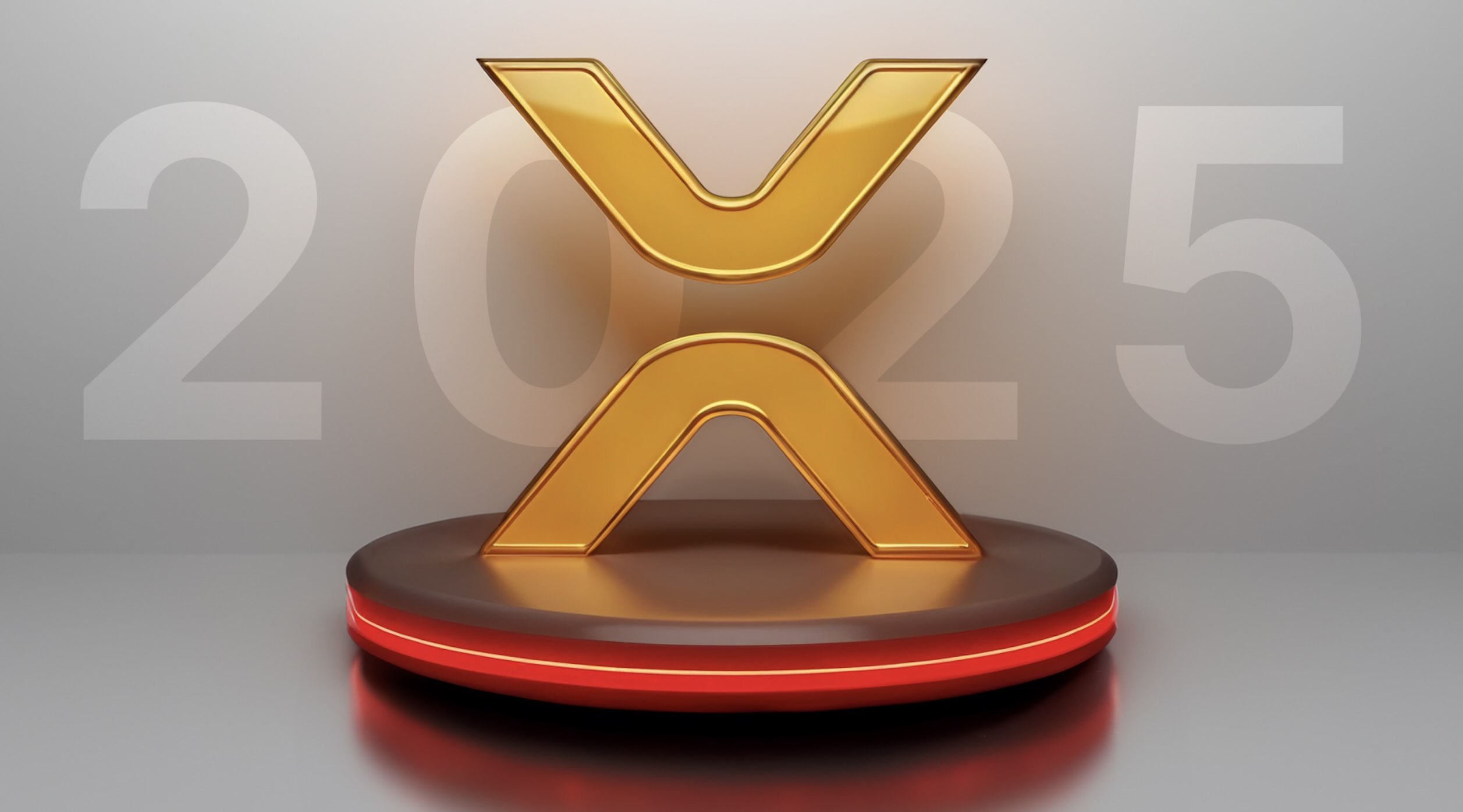Um logotipo 3D dourado do Ripple XRP em um pódio com “2025" ao fundo, destacando as previsões do potencial de preço do XRP este ano.