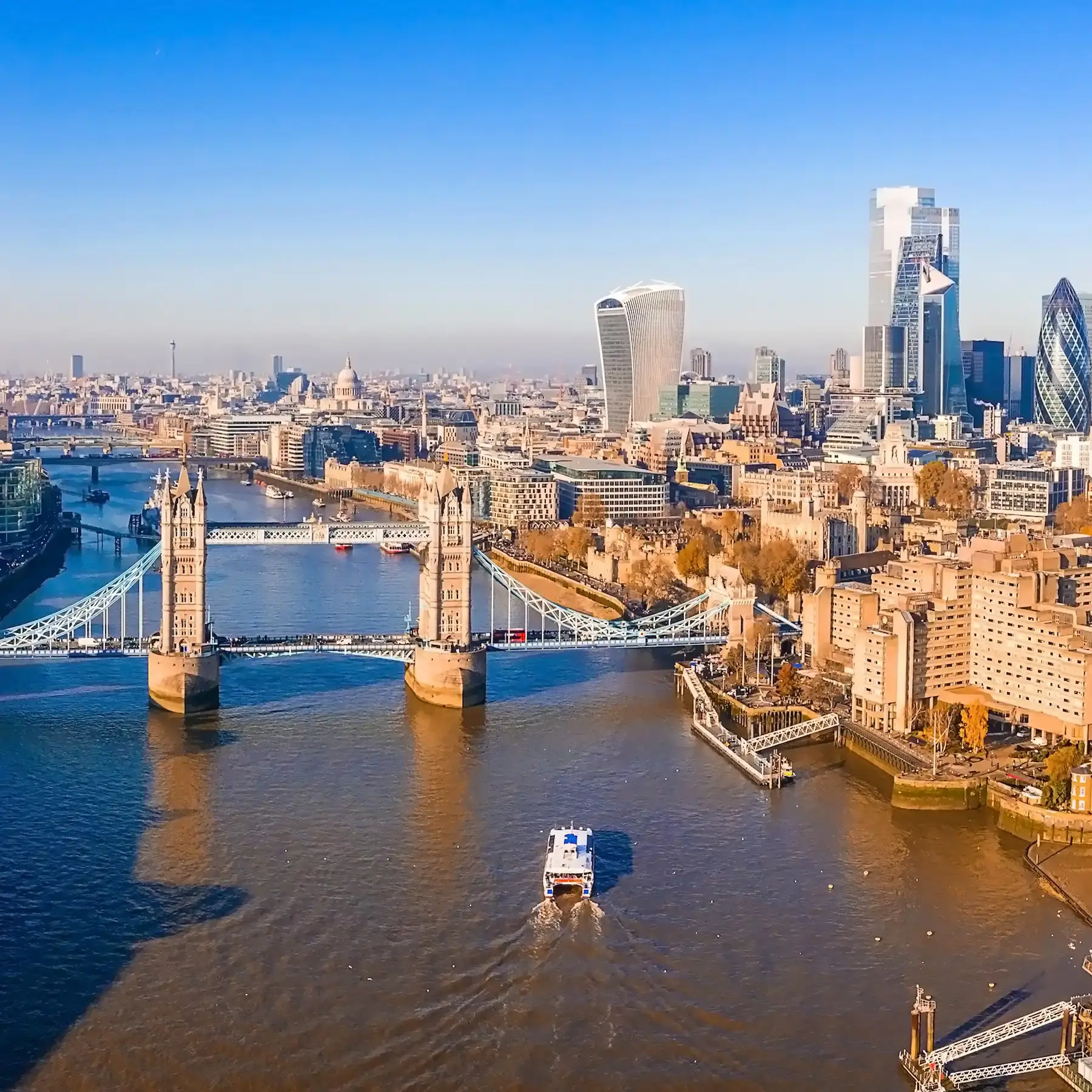 London skyline showcasing iconic landmarks, representing the area around Deriv's London office.